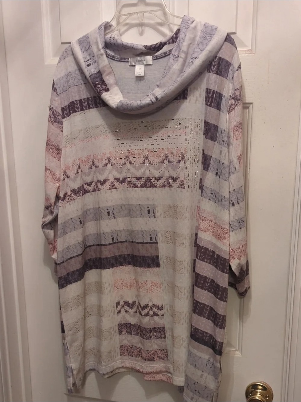 Light Striped Cowl Neck Women's Sweater - Cream and Lavender